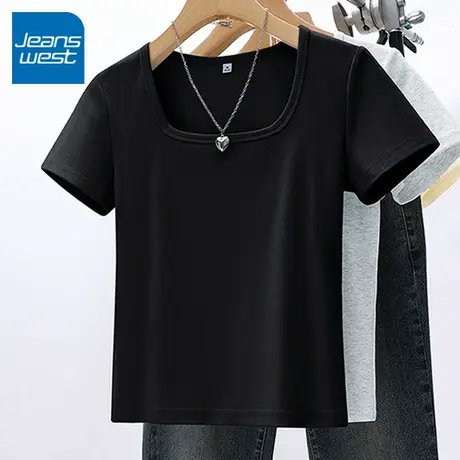 KV真维斯黑色短袖t恤女夏季2025新款 小个子修身内搭打底方领上衣图片