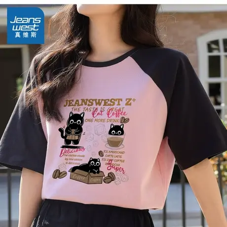 YD真维斯女装2025夏季新款  复古美式可爱印花插肩短袖纯棉T恤商品大图