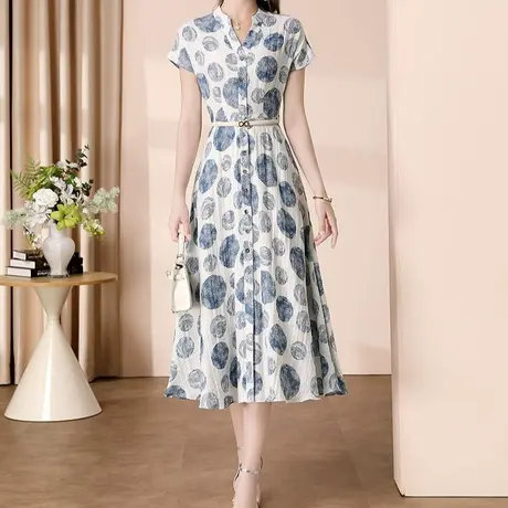 首尚格释2025夏季新品时尚气质法式减龄收腰显瘦V领印花连衣裙女商品大图