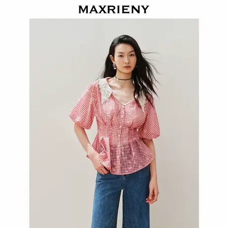 【奥莱】MAXRIENY宫廷文艺风翻领撞色格纹收腰上衣图片