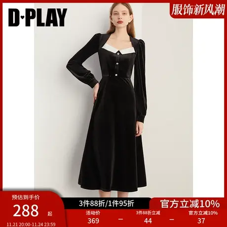 DPLAY春新名媛撞色拼接黑色丝绒礼服裙高个子连衣裙小黑裙女图片