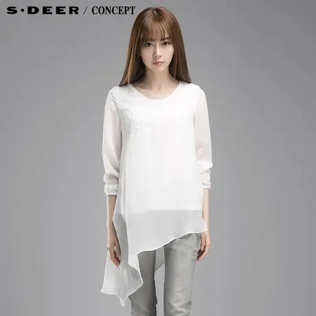 sdeer圣迪奥女装愫白明线钩花雪纺T恤S15180260图片
