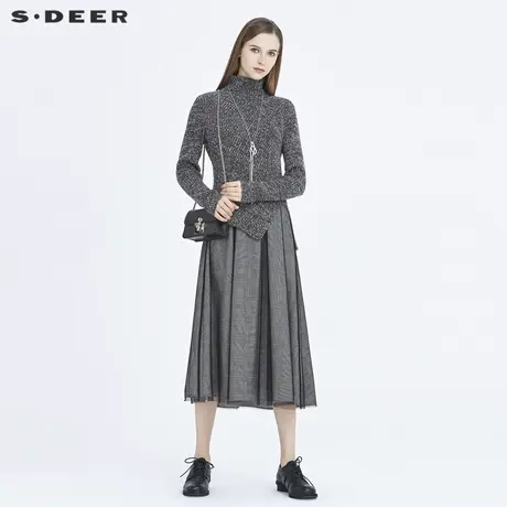 sdeer圣迪奥秋冬高领格纹网纱拼接针织两件套连衣裙女S20463504图片
