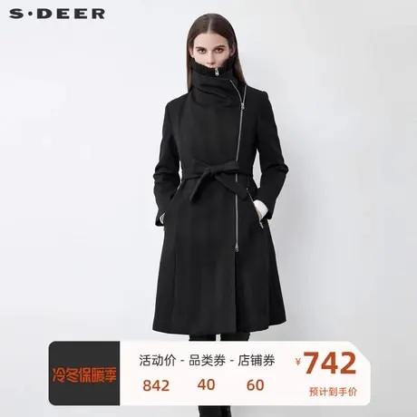 sdeer圣迪奥女装不规则领收腰暗条纹毛呢长款大衣S21481862图片