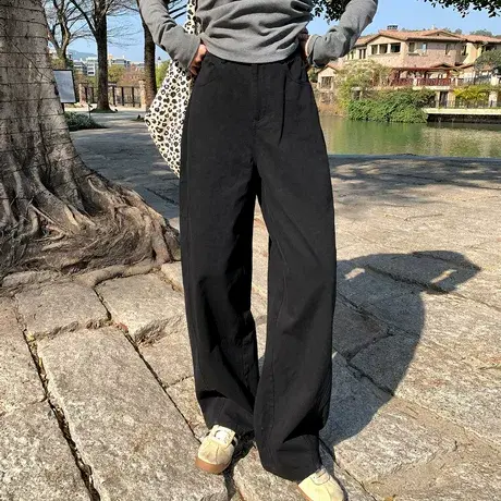 尔给休闲裤直筒显瘦春新款垂感高腰设计感宽松阔腿长裤纯色商品大图