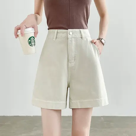 浅杏色牛仔短裤女2025夏季薄款高腰宽松阔腿显瘦百搭a字五分裤子商品大图