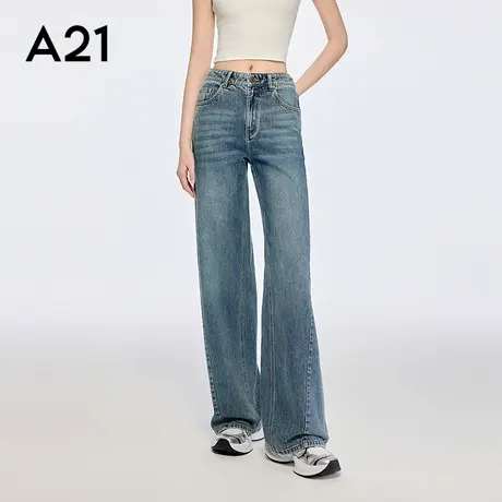 A21女装浅中蓝水洗做旧薄牛仔裤简约宽松显瘦阔腿长裤商品大图