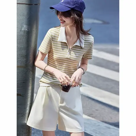 时尚短袖T恤2025年夏季新款女POLO领休闲条纹百搭简约修身上衣商品大图