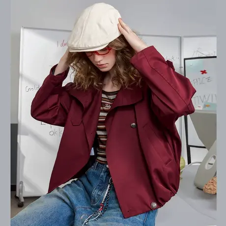 a02设计感显瘦短款夹克式外套2025春季纯色简约质感休闲女式风衣商品大图