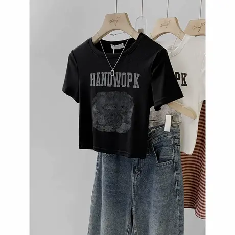 黑色短款宽松正肩短袖t恤女夏季2025新款美式复古修身小个子上衣商品大图