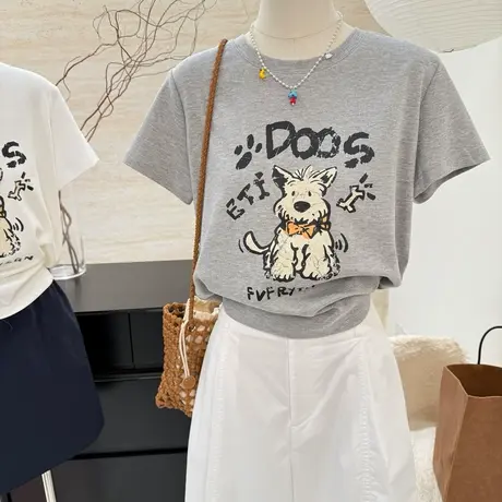 韩系夏季新款可爱小狗卡通印花短袖t恤女气质显瘦圆领百搭上衣服图片