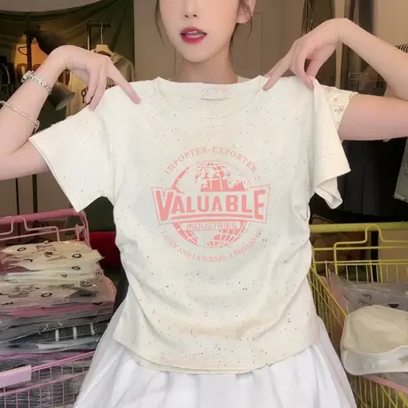 彩虹波点夏季高级感修身短袖t恤女新款正肩圆领短袖褶皱收腰上衣商品大图