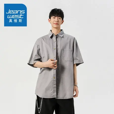 N5真维斯男士短袖衬衫2025夏季美式基础纯棉男生休闲宽松百搭衬衣商品大图