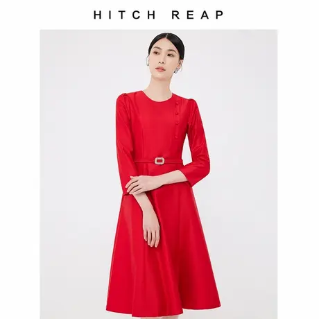 希区瑞普春长袖收腰七分袖名媛气质设计感圆领口袋正装连衣裙图片