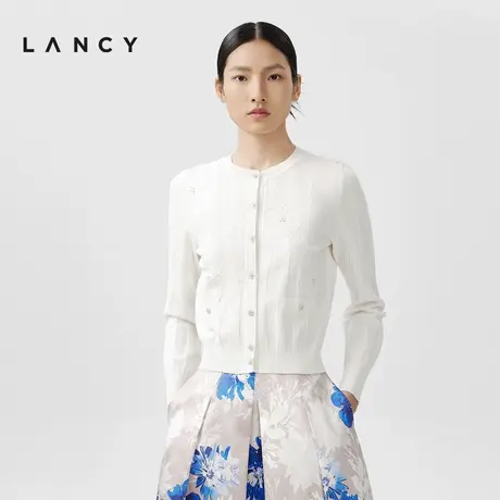 LANCY/朗姿2024夏季新款白色简约温柔提花针织开衫女短款高级优雅商品大图