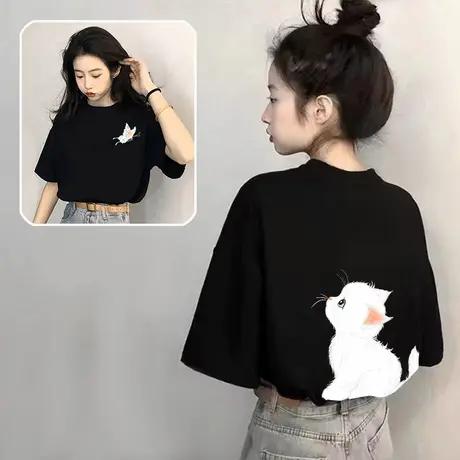 爆款纯棉黑色小猫短袖t恤女2025新款夏季独特漂亮上衣宽松体恤ins商品大图
