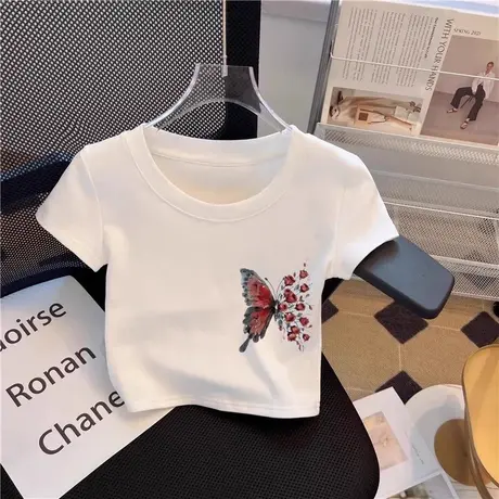 2025新款夏季蝴蝶印花短袖t恤女短款正肩修身显瘦甜辣妹减龄上衣图片