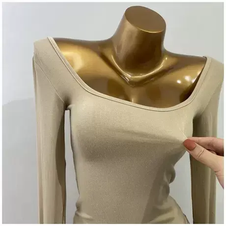 Wan搭款！露锁骨方领T恤女长袖打底衫黑春秋修身纯色上衣白2021新商品大图