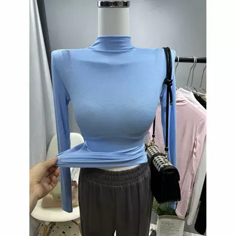 薄款微透～基础款纯色显胸半高领长袖t恤女紧身内搭打底衫上衣潮商品大图