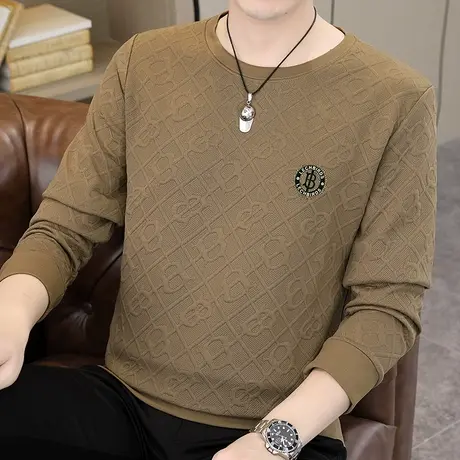2024秋季新款圆领卫衣男加肥加大码提花烫钻长袖T恤打底衫男装潮商品大图