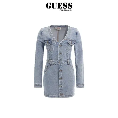 GUESS Originals23新款秋女V领束腰长袖牛仔连衣裙-W3GG18D3X00商品大图