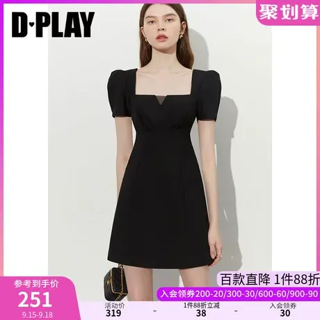 DPLAY2023夏法式优雅黑色网纱拼接泡泡袖收腰方领连衣裙小黑裙图片