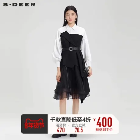 sdeer圣迪奥女装翻领条纹欧根纱收腰衬衫连衣裙S231Z1239商品大图