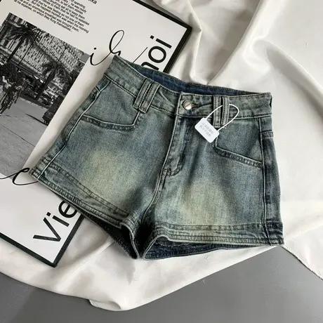 美式高腰甜辣风弹力牛仔短裤女2025春季新款显瘦百搭A字阔腿热裤商品大图