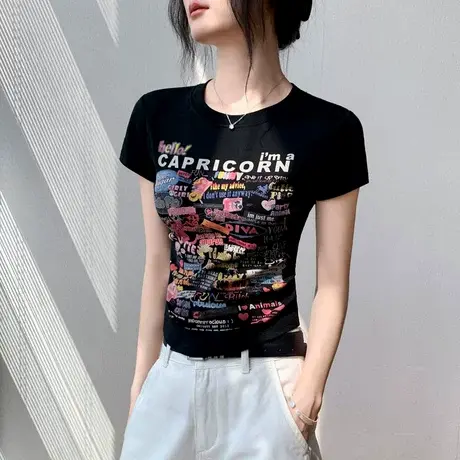 3D数码印花正肩短袖T恤女夏季修身显瘦小个子穿搭别致设计感上衣图片