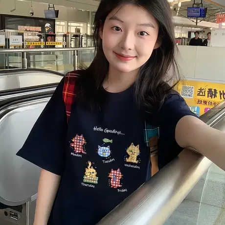 oversize美式复古卡通猫咪T恤女2025超好看的短袖夏季宽松上衣ins商品大图