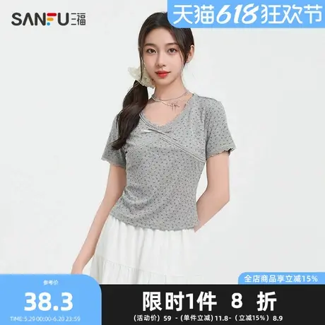 三福短T恤2025夏季蕾丝拼接蝴蝶结碎花短款上衣女装499568图片