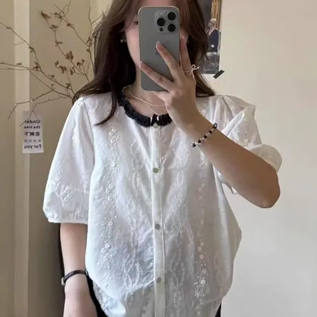 法式重工钩花刺绣拼色短袖衬衫女2025夏季新款时尚百搭减龄上衣潮商品大图