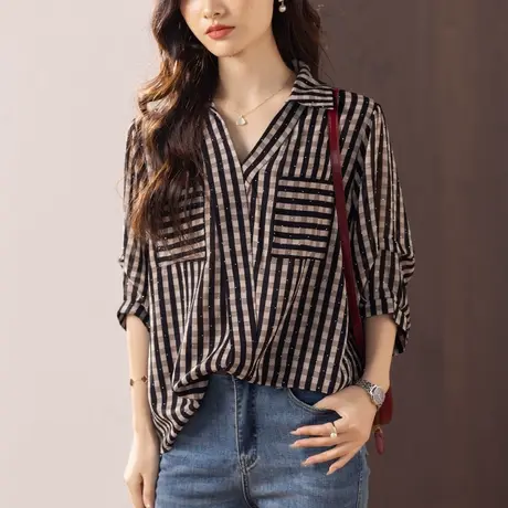 七分袖女士衬衫夏季新款加肥加大码女装宽松气质百搭条纹休闲衬衣商品大图