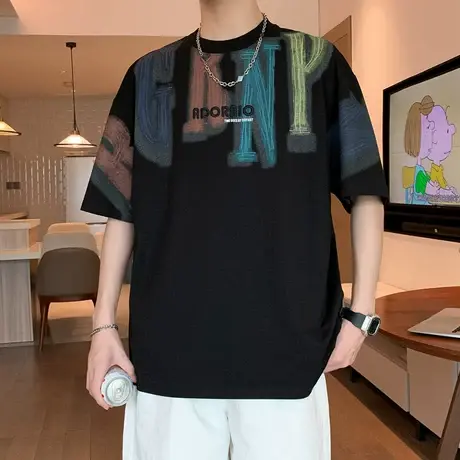短袖男款t恤2025新款美式字母印花韩版潮流时尚圆领上衣青年体恤图片