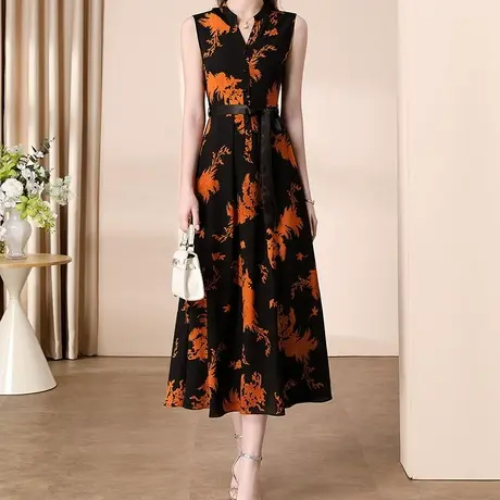 首尚格释2025夏季新品时尚印花V领无袖收腰显瘦气质背心裙连衣裙商品大图