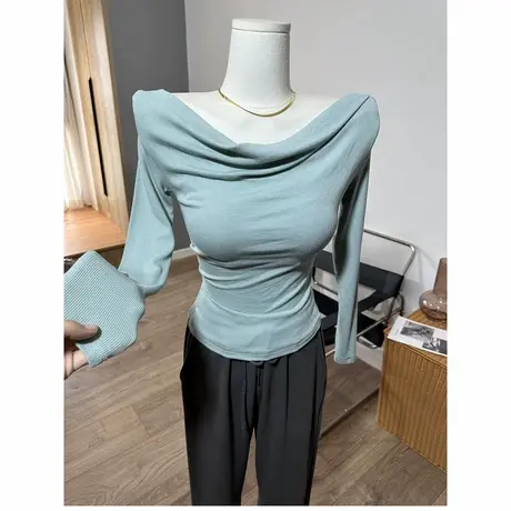 系列款！巨爱薄荷色  荡领长袖褶皱T恤修身打底衫上衣秋季新款图片