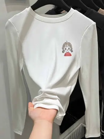 白色仿棉长袖t恤女装2023新款秋冬季加绒洋气减龄内搭打底衫上衣商品大图