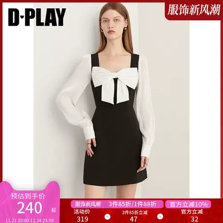 DPLAY女装法式优雅黑拼白撞色鎏光纱蝴蝶结连衣裙小黑裙短裙女商品大图