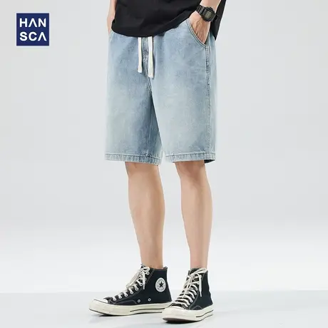 hansca美式牛仔短裤男外穿五分裤夏季宽松直筒休闲抽绳大码中裤子商品大图