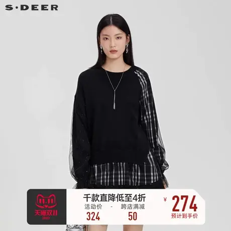 sdeer圣迪奥女装罗纹圆领格纹网纱拼接设计感黑丝针织衫S223Z3591图片