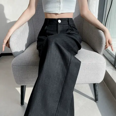 亚麻休闲阔腿西装裤女夏季薄款高腰宽松小个子冰丝棉麻垂感拖地裤商品大图