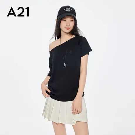 A21女装一字领宽松棉T恤休闲设计感薄款套头上衣纯色露肩宽松显瘦商品大图