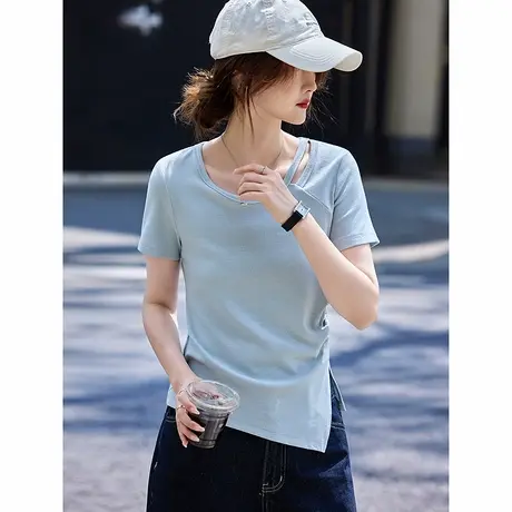 时尚短袖T恤2025年夏季新款女圆领百搭纯色个性简约显瘦通勤上衣商品大图