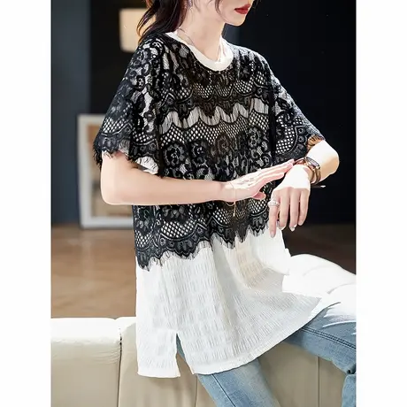 宝诗黎圆领蕾丝拼接短袖T恤2025夏季新款设计感褶皱百搭休闲上衣图片