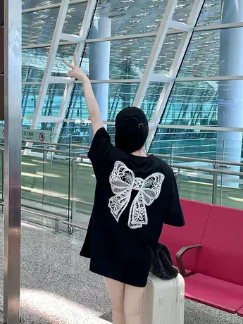 欧洲站黑色中长款t恤女遮屁股2025年夏季新款宽松韩版大码短袖潮商品大图