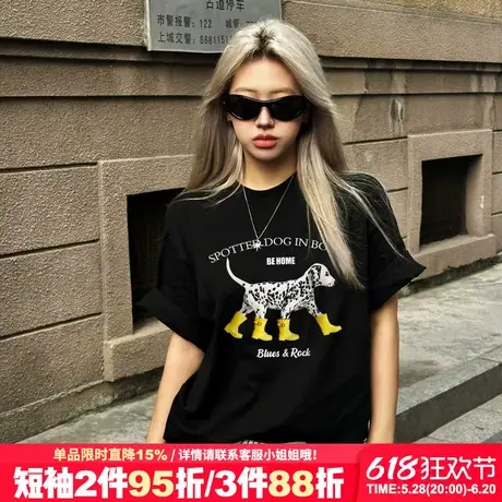 美式街头ins风斑点狗印花黑色短袖t恤女宽松大版设计感潮牌上衣夏商品大图