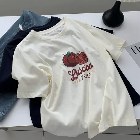 夏季韩版减龄番茄字母印花tee~轻薄宽松雪花棉圆领短袖上衣2025夏商品大图