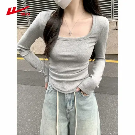 ZH回力方领长袖T恤女2025新款秋款紧身可外穿打底衫小个子上衣商品大图