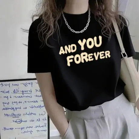 黑色新款半高领短袖t恤女夏季别致独特字母印花宽松正肩上衣潮ins图片