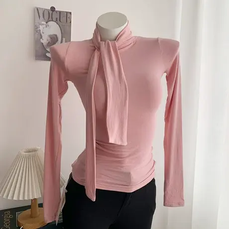 温柔奶油粉女人味韩系显身材飘带高领长袖T恤气质打底衫上衣图片